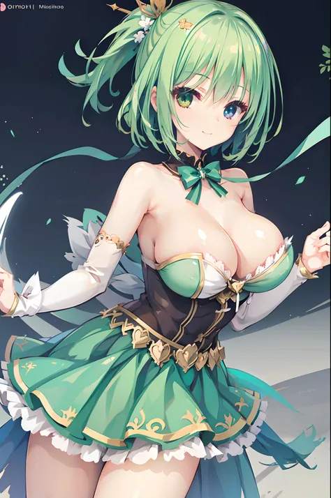 huge tit,Bare breasts,magical girl costume,evil smile,short green hair,hair adornments,Heterochromia,Top image quality,Best Quality