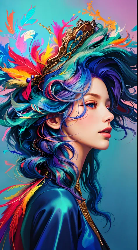 A painting of a woman with colored hair and feathers on her head, lindo arte digital, Arte de Alessandro Pautasso, exquisite digital illustration, linda arte digital linda, pintura digital colorida, arte colorida bonita!, Bela arte UHD 4K, Pintura digital ...