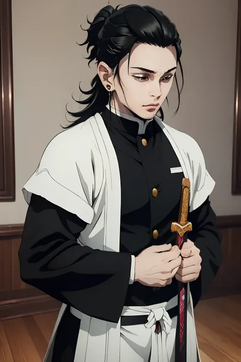 (best quality,4k,8k,highres,masterpiece:1.2),ultra-detailed,(realistic,photorealistic,photo-realistic:1.37),white young man,black hair,(suguru geto hairstyle:1.1),defined,awesome,young,pretty,beautiful,[sword],demon slayer uniform,lindo