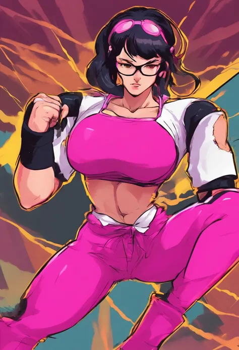 Female fighter , Grabber , Big chested , Round glasses , Chubby , pink leotard, black hair ,big breasts, high thighs socks panda , bob haircut