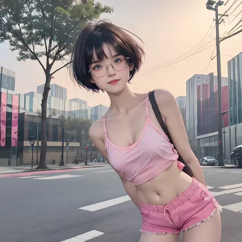 16 years old cute girl with black short bob hair and bangs, she is in eyeglasses, pink-strapped transparent camisole, no bra, pink shorts, petite body, seen through, her skin bright, beautiful blue eyes, outdoor, shes doing selfie, 8k detailed high quality...