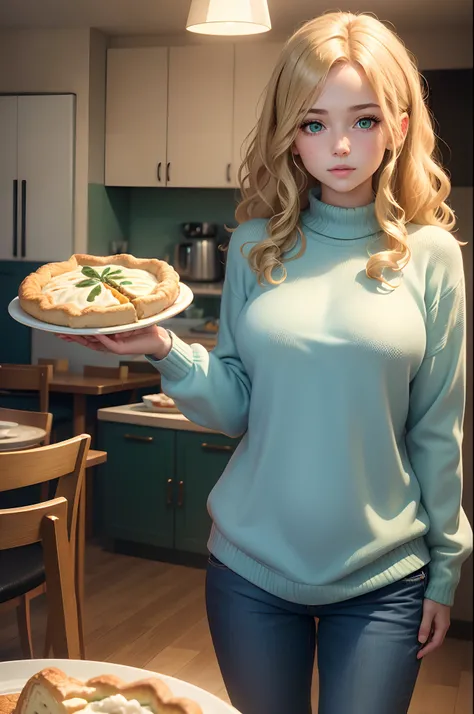 realistic, 8k image of a 15 year old girl, curly blonde hair, beautiful, extremely detailed green eyes, dressed in a light blue sweater and blue pants, standing in the dining room, holding a pie, night, anime style art