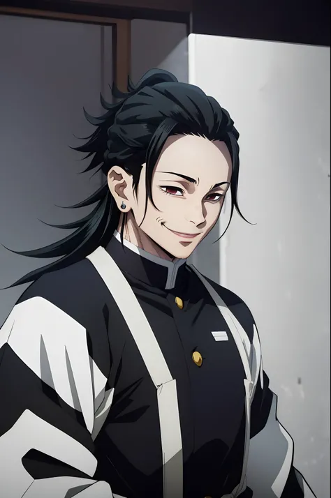 white young man, black hair, suguru geto hairstyle, sword, demon slayer uniform, lindo, defined, awesome, young, pretty, beautiful, smile