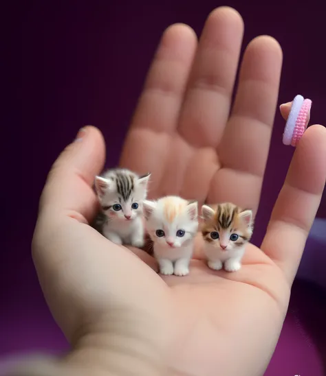 There are three small kittens sitting in a persons hand, gatito miniatura, encantador y lindo, Gatitos lindos, animal en miniatura, Gatos lindos, lindo y adorable, hermoso y lindo, Gatitos, mano, se sienta en un dedo, Lindo y encantador, Aspecto muy realis...