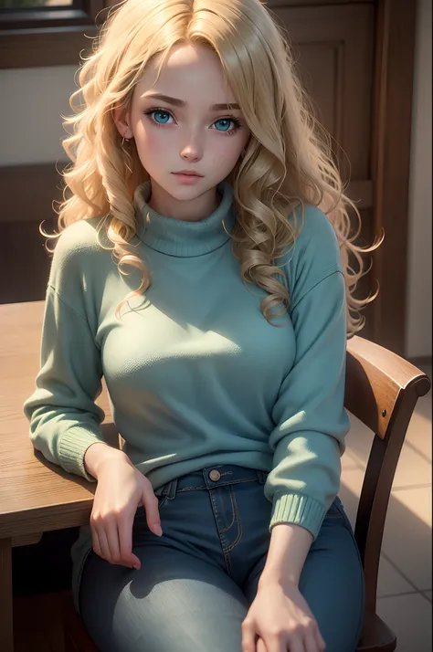 realistic, 8k image of a 15 year old girl, curly blonde hair, beautiful, extremely detailed green eyes, dressed in a light blue sweater and blue pants, sitting at a table in a dining room, night, expression of doubt, anime style art