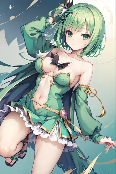 Colossal tits,bared  chest,magical girl costume,Feathered,evil smile,short green hair,hair adornments,Heterochromia,Top image quality,Best Quality