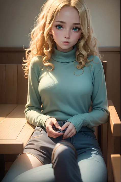 realistic, 8k image of a 15 year old girl, curly blonde hair, beautiful, extremely detailed green eyes, dressed in a light blue sweater and blue pants, sitting at a table in a dining room, night, expression of doubt, anime style art