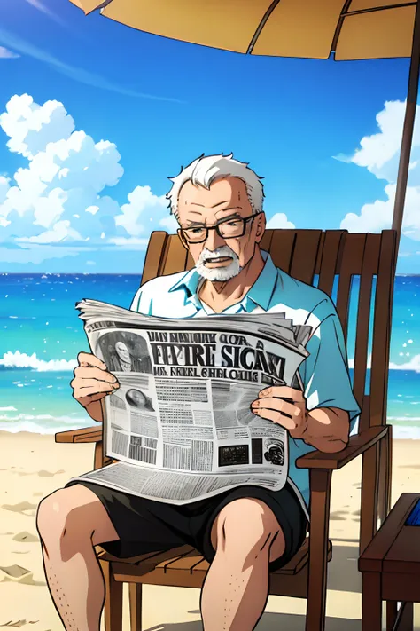 Old man reading a newspaper sitting on a beach chair, wearing glasses