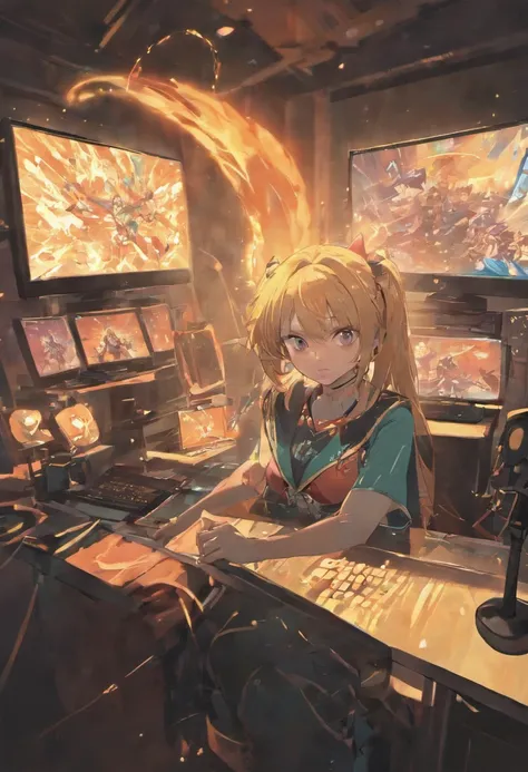 anime woman sitting at a gaming desk with a computer monitor in front of her, reaching into screen and fazing into the game in front of her, intense aura