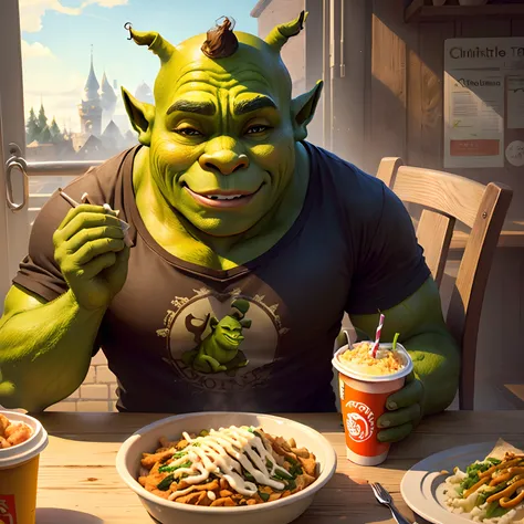 Shrek eating at chipotle