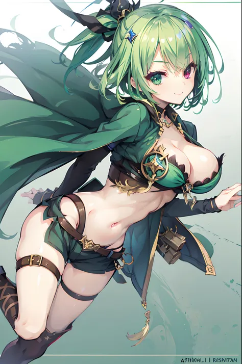 Colossal tits,Adventurer Costume,evil smile,short green hair,hair adornments,Heterochromia,Top image quality,Best Quality