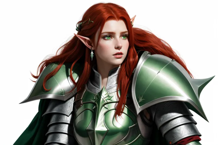 a female half-elf paladin with red hair, silver armor and green eyes, she wears a thorn-shaped earring in her left ear