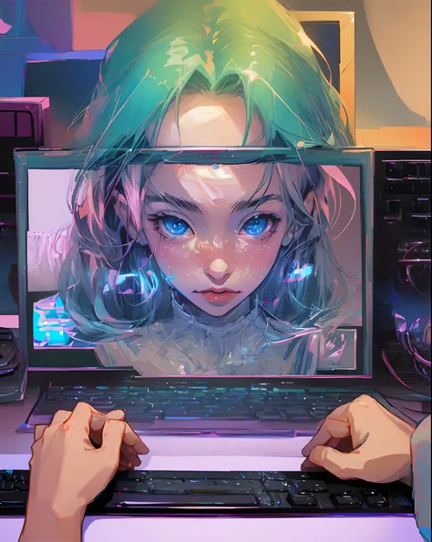 anime woman sitting at a gaming desk with a computer monitor in front of her, reaching into screen and fazing into the game in front of her, intense aura