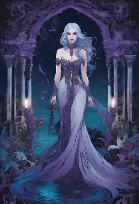 a thalassic setting, a dark and deep sea, dark plants with purple lights. Wandering in this sea, a female figure, a mermaid, white skin, dark and ethereal blue hair, light and long clothes, holding a black staff, with a small purple flame at its tip.