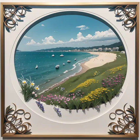 three-dimensional paper-cutting art, quay, sea, grassland, flowers, detailed and delicate depiction