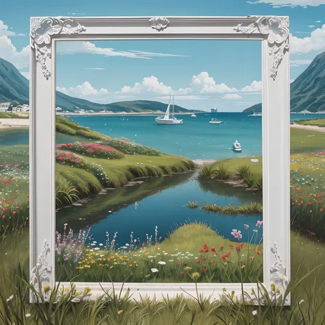 paper-cutting art, quay, sea, grassland, flowers, detailed and delicate depiction