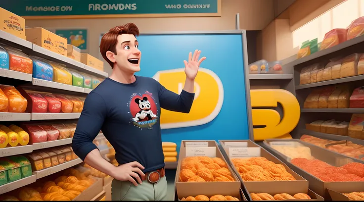 imagem Disney pixar homem fazendo compra em mercado com logo