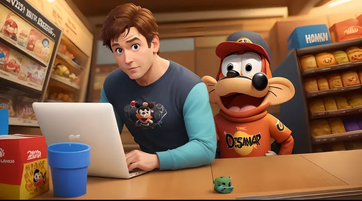 imagem Disney pixar homem fazendo compra em mercado com logo