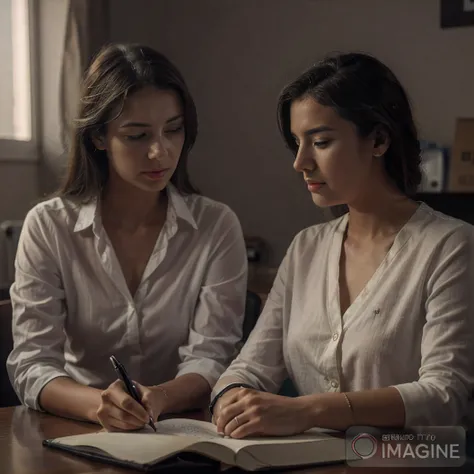 Woman sitting at a desk with a notebook and pen in front of her, muito intenso, foto editorial, Alena Aenami e Lilia Alvarado, imagem editorial, Directed by: Adam Marczyński, Assinar um projeto de lei, Instigantes, foto de marketing, Imagem de Stock, insti...