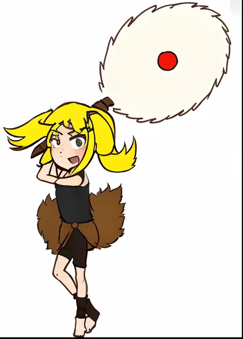 A muscular young girl with blond hair and a long ponytail, a black top and a black shirt and a loincloth made of brown fur. she is armed with a large white mass