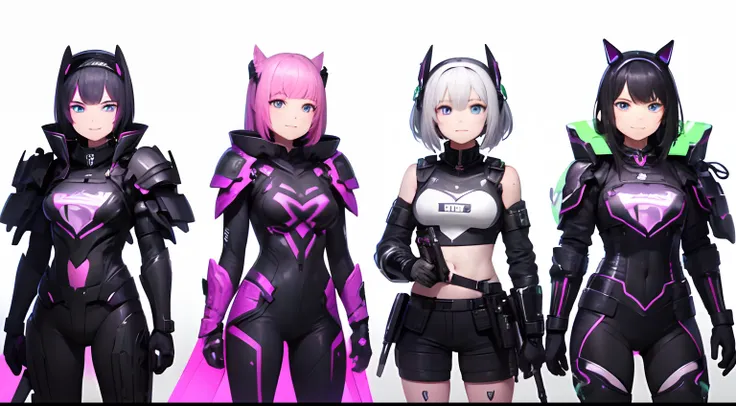 A team of five girls: Camera in the distance, futuristic style, wicked smile, Black and white armor with a neon purple pattern on the armor around the edges, Fully Covered Body, Neon,  lettering "Tears Frontage" Above them, whitebackground