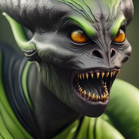 Close up of a super realistic weird green alien