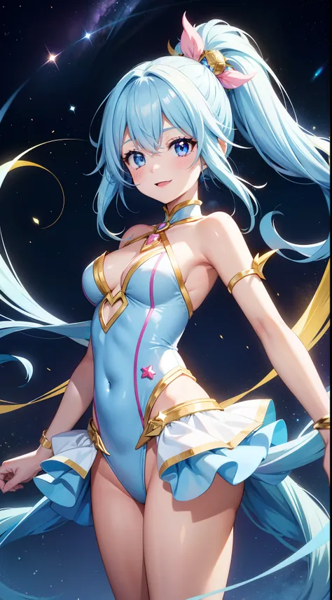 Super Idol　a beauty girl　Outstanding smile　sky blue hair　length hair　Facing straight ahead　Looking at the camera　Twin-tailed　Glittering pink and white、Blue and yellow leotard costume　Mystical　Fantasia　constellation　a moon　Crystal Brilliance　Aurora Borealis...