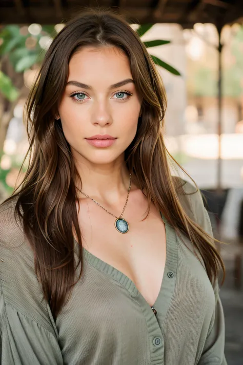 A young woman with a necklace with long brown hair and blue eyes, en el estilo de Precisionista, ondulado, Capas texturales, light amber and pink, olive cotton, Flattering lighting, chic sin esfuerzo