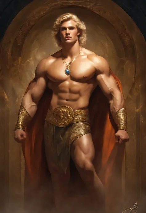 Portrait of an elegant beautifull mighty God unleashing all his powers, digital painting in the style of Robert Liberace, dynamic action poses of stout god apollo, god of light a d art, greek god, blond hair, male, youbg, handsome, upper body, muscular, ha...