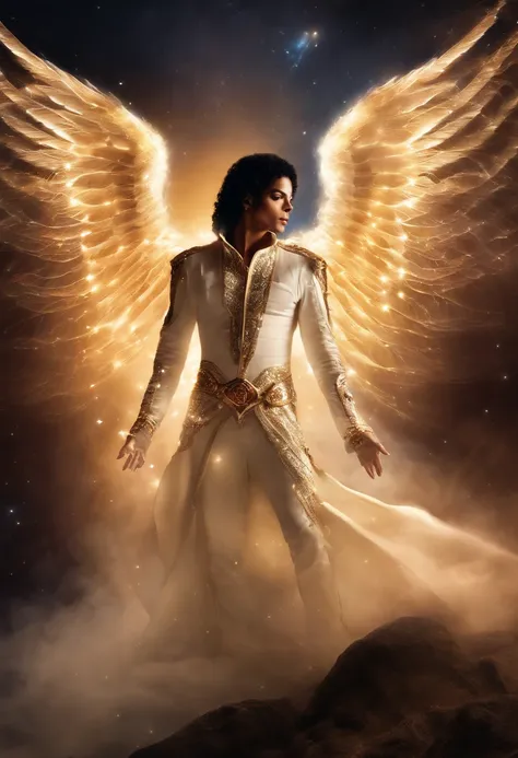 MICHAEL JACKSON AS A COSMIC ANGEL, olhos claros brilhantes, Biomechanicals, Eldritch, assustador, Pesadelo, cores muito brilhantes, light particles, com luz luminosa, Mshiff, Arte do papel de parede, Papel de parede UHD