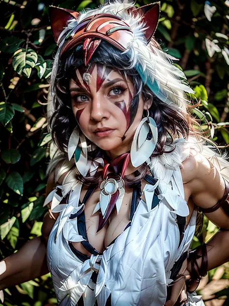 Angry face, (mononoke hime), RED MASK, 1girl, armlet, bangs, black hair, white undershirt, breasts, circlet, earrings, facepaint, floating hair, magical forest, fur cape, grey eyes, jewelry, angry looking, medium breasts, nature, necklace, outdoors, short...