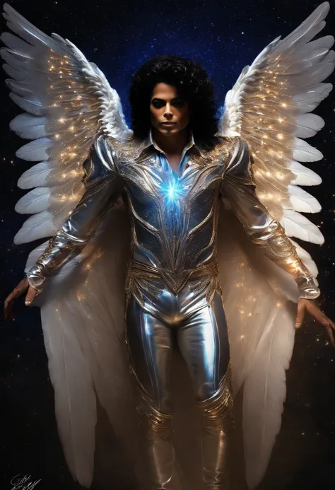 MICHAEL JACKSON AS A COSMIC ANGEL, IMAGEM brilhantes,asas, Biomechanical angel wings, Eldritch, SURREAL, cores muito brilhantes, light particles, com luz luminosa, Mshiff, Arte do papel de parede, Papel de parede UHD