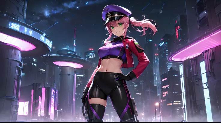 masterpiece:1.4, 1girl ((20year old, dressed in a purple tight futuristic military crop top, tight black leggings; knee high boots, medium breasts, multicolor pink hair, twin ponytails, perfect model body, green eyes:1.5, wearing a futuristic purple milita...