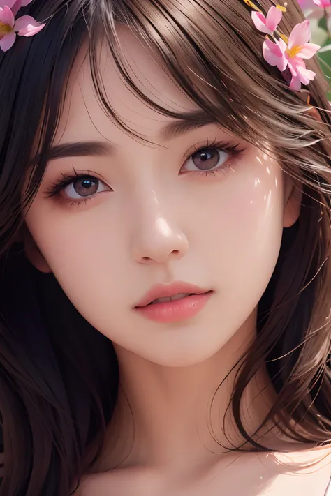 girl, beautiful detailed eyes, beautiful detailed lips, extremely detailed eyes and face, long eyelashes, oil painting, vivid colors, soft lighting, flowers in the background, best quality, ultra-detailed, photorealistic