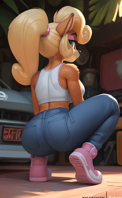 [Coco bandicoot], [Uploaded to e621.net; (Pixelsketcher), (wamudraws)], ((masterpiece)), ((high quality)), ((HD)), ((solo portrait)), ((full body)), ((back view)), ((furry; anthro)), ((detailed fur)), ((detailed shading)), ((beautiful render art)), ((shoes...