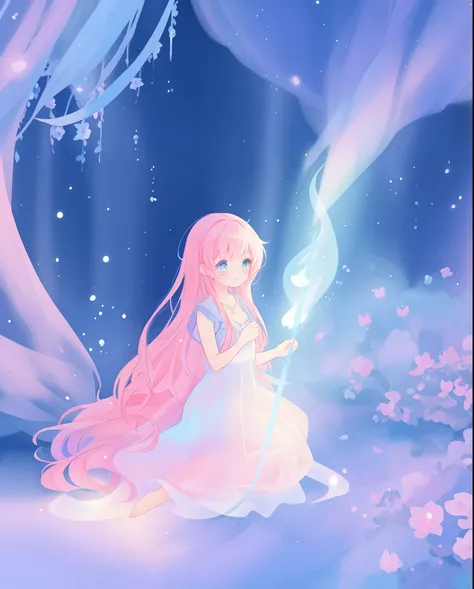 beautiful girl in puffy white ballgown, long dark hair, magical glowing blue lights coming from her hands, magical, whimsical, blue pink and purple colors, watercolor illustration, inspired by Glen Keane, inspired by Lois van Baarle, disney art style, by L...