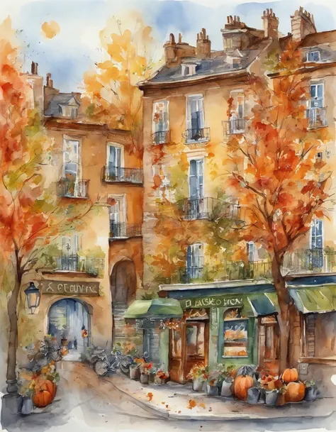 Illustration of a city with lots of colorful leaves, France, Paris, In the style of a vivid cartoonist, Fall, pumpkins, jack-o-lanterns, Pumpkin Spice, New York School, robert munsch, Conceptual Street Art, Synestil 50D, Naturalistic depictions of flora an...