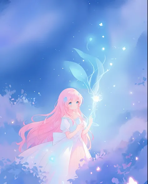 beautiful girl in puffy white ballgown, long dark hair, magical glowing blue lights coming from her hands, magical, whimsical, blue pink and purple colors, watercolor illustration, inspired by Glen Keane, inspired by Lois van Baarle, disney art style, by L...