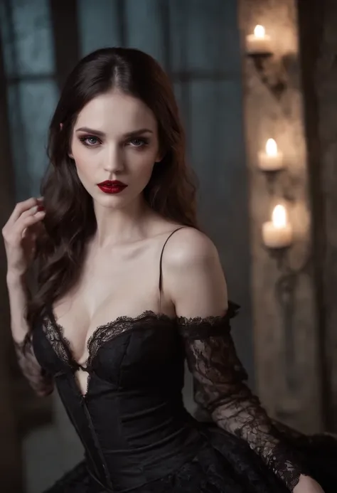 1 Vampires, (Female:0.8), poison fangs, Blood, Neck bites, Pale skin, intense eyes, Seductive expression, (Blood dripping:1.2), (Erotic atmosphere:1.3), Dark hair, Long flowing hair, (Black lace dress:1.2), (cropped shoulders:0.9), (Red corset:1.1), (Torn ...