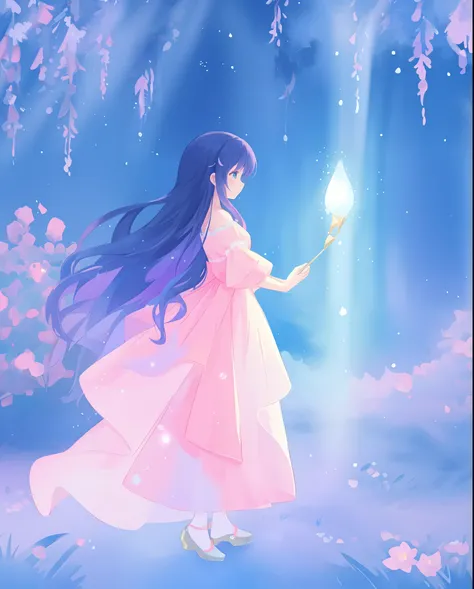 beautiful girl in puffy white ballgown, long dark hair, magical glowing blue lights coming from her hands, magical, whimsical, blue pink and purple colors, watercolor illustration, inspired by Glen Keane, inspired by Lois van Baarle, disney art style, by L...