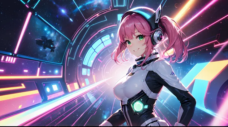 masterpiece:1.4, 1girl ((20year old, dressed in a tight futuristic space suit, medium breasts, multicolor pink hair, twin ponytails, perfect model body, green eyes:1.5, wearing a futuristic sci-Fi space helmet, flirting, happy, big smile, floating in space...