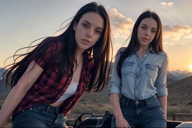 Frame by Angela White (25 years old) (one person)| wearing feminine cowboy clothes (jeans outfit, plaid shirt) ((loose and silky hair, piercing blue eyes, skin texture, enigmatic countenance, slim body, divine proportion)) | Riding a Mustang Horse | Alabam...