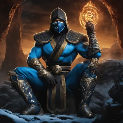 Detailed illustration of Sub-Zero from Mortal Kombat 11 set in 1970, Color Poster Cover, dark fantasy style, imagen granulada, color saturation