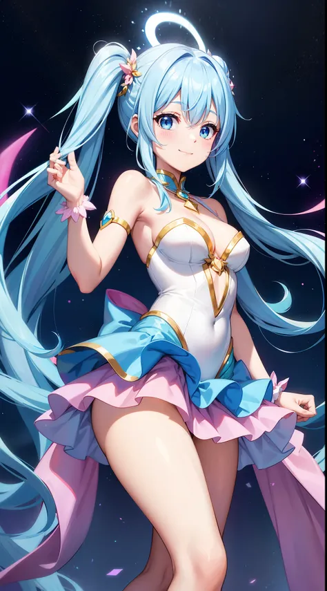 Super Idol　a beauty girl　A charming smile　sky blue hair　length hair　Facing straight ahead　Twin-tailed　Glittering pink and white、Blue and yellow leotard costume　Mystical　Fantasia　constellation　a moon　Crystal Brilliance　Aurora Borealis in the Night Sky