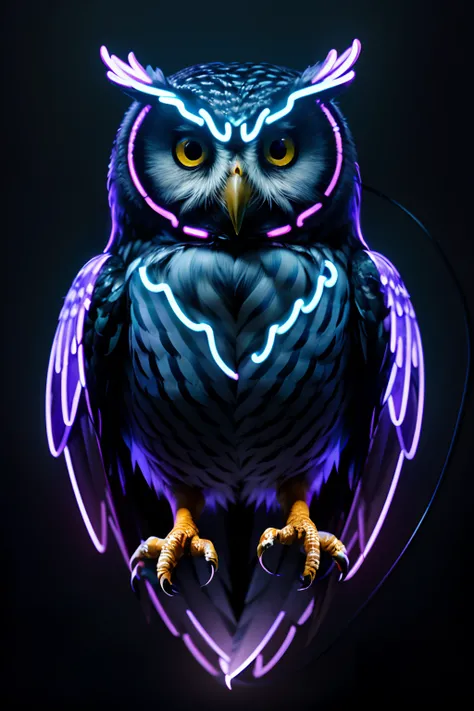 (((masterpiece))), (((neonart))),realistic , neon owl, high detail neon owl glowing, neon  owl, neon tree, neon moon, in a black background,