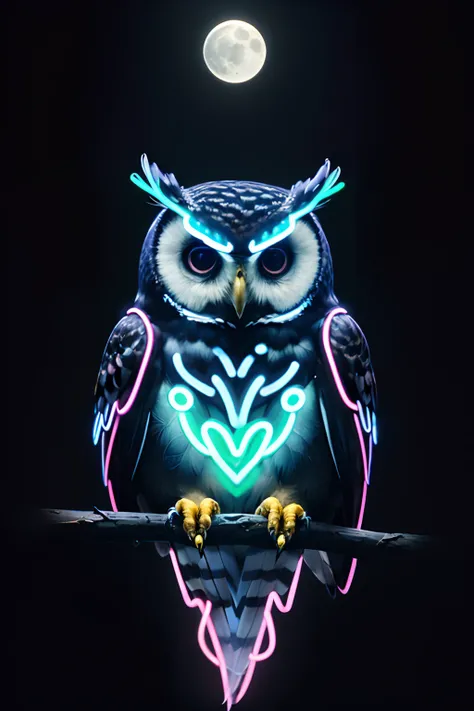 (((masterpiece))), (((neonart))),realistic , neon owl, high detail neon owl glowing, neon  owl, neon tree, neon moon, in a black background,