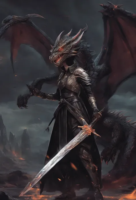 mythology, dragon slayer 13 year old girl with sword fighting dragon, dressed in black,