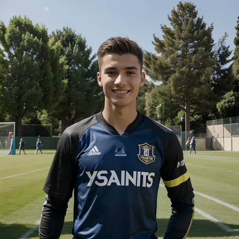 You described a 16-year-old boy, joueur de football talentueux, portant le maillot de Los Angeles FC et arborant un joli sourire. Il est sur le terrain, dribblant habilement les adversaires, creating opportunities for his team and impressing spectators wit...