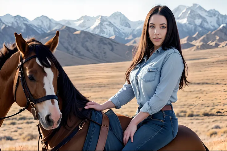 Frame by Angela White ((one character)) (25 years old) | wearing feminine cowboy clothes (jeans outfit, plaid shirt) ((loose and silky hair, piercing blue eyes, skin texture, enigmatic countenance, slim body, divine proportion)) | Riding a Mustang Horse | ...