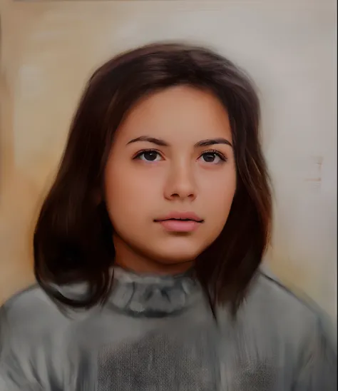 Painting of a young woman wearing a gray shirt and brown hair, Cara restaurada realista, rendering of close up portrait, portrait young girl, Retrato en color, Retrato suave, Former libu girl, Young girl, Retrato detallado en color, pintado digitalmente, g...